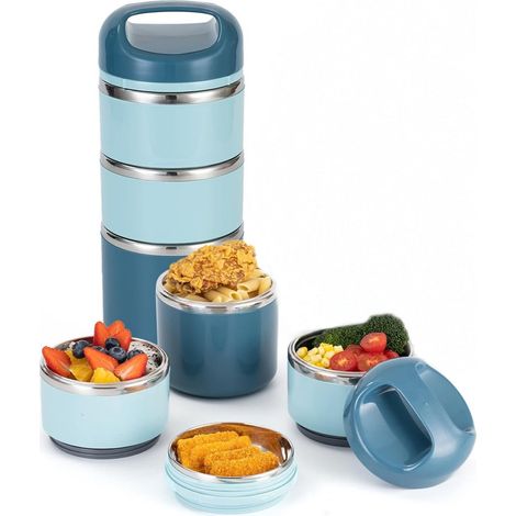 Lunchbox – Lunchbox für Erwachsene – Suppenbecher – Edelstahl – dreistöckig – Ideal für die Zubereitung von Mahlzeiten unterwegs, stapelbare Lebensmittelbehälter – blau (1/5)