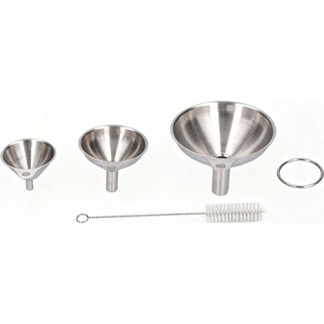 Lot de 3 mini-entonnoirs de cuisine en acier inoxydable avec anneau de suspension, bec étroit et fente d'aération, pour bouteilles et récipients d'huile et de vinaigre. Comprend 3 pièces et 1 brosse d (1/5)