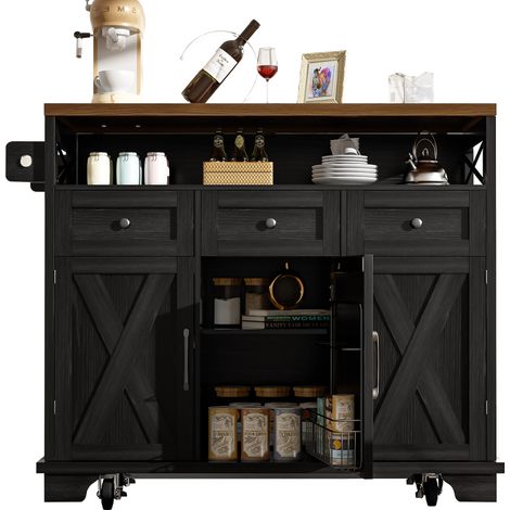 Carro de cocina con 3 Cajones, Encimera Abatible, Ruedas y Toallero, en MDF y Metal, Negro, 118 x 43-80 x 98 cm (1/5)
