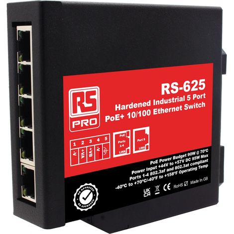 Switch Ethernet 5 Ports RJ45, 10/100Mbit/s, montage Rail DIN RS-625 ( Prix pour Boîte de 1 )
