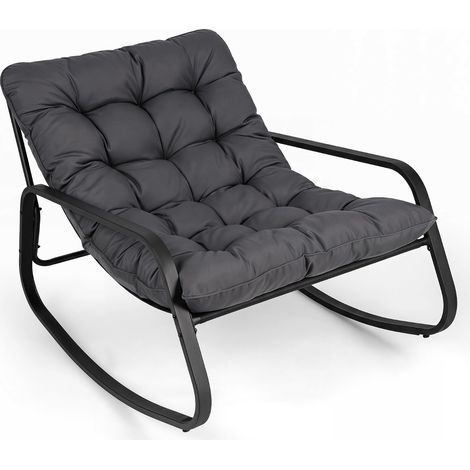 Fauteuil à bascule extérieur grand format gris avec coussin épais, chaise longue oscillante en métal pour jardin, terrasse et balcon, charge maximale 205 kg