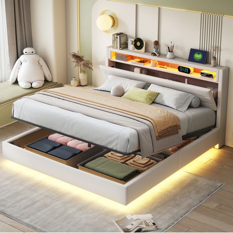 Lit coffre 160x200 cm avec USB, LED, tête de lit rabattable, lin beige HAVRYA (1/5)