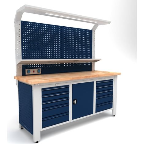 Établi d'atelier industriel 2000 mm PRACO W T57 – Plateau en hêtre massif - Éclairage LED - Tiroirs et armoire MW Tools PRAW2000T57 (1/3)