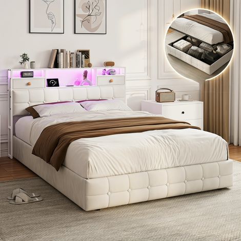 Bett 140 x 200 cm – Bett mit Stauraum 140 x 200 cm mit LED – Erwachsenenbett 140 x 200 – Kopfteil mit 2 Schubladen und Stauraum – Beiger Samt