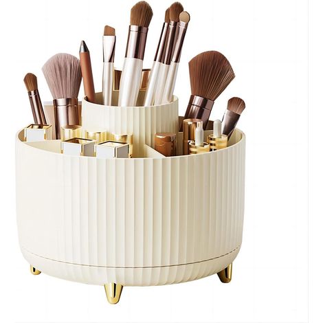 Organizador giratorio color crema con 5 compartimentos, gran capacidad, para cepillos, tocador, baño o dormitorio.