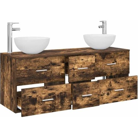 Meuble de Salle de Bain en Chêne Fumé, Ensemble 3 Pièces avec Lavabo et Miroir, Design Moderne et Élégant pour WC (1/5)