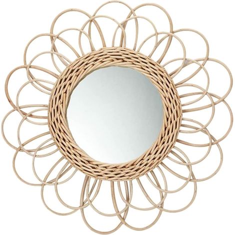 Miroir suspendu - Miroir mural rond avec tournesol en rotin - Décoration de salle de bain bohème nordique - Miroir de maquillage pour l'intérieur, le bureau, le salon, le couloir (40 cm) (1/5)