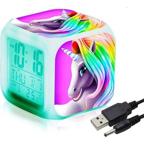 Despertadores digitales de unicornio para niñas, cubo LCD LED con luz nocturna brillante para niños, reloj de mesita de noche, regalos de cumpleaños para niños, dormitorio de mujeres, adultos - Fei Yu (1/5)