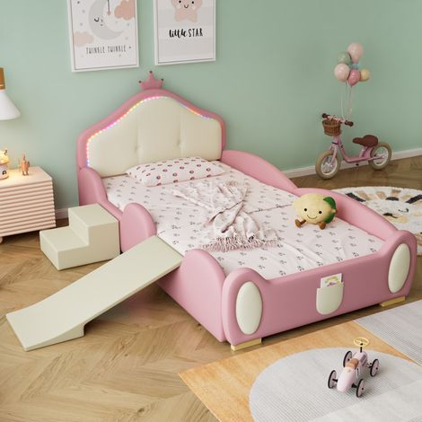 Lit 90x200cm - Lit Enfant Couronne 90x200cm - avec Toboggan, Escalier et Éclairage LED Multicolore - PU Rose et Beige (1/5)