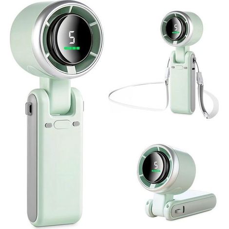 Mini ventilateur portable 12 h - 5 vitesses - Moteur sans balais - Batterie 3600 mAh - Pour poche, bureau et cou - Camping, sport et voyages - Vert (1/5)