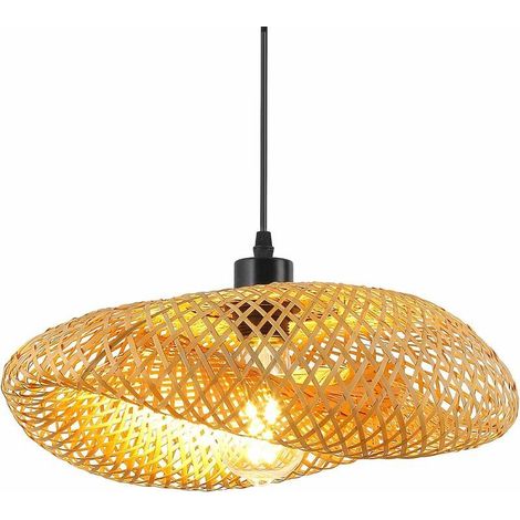 Luminaire plafonnier rétro en bambou et rotin 40cm – Éclairage E27 pour salle de bain, salle à manger, salon – Tissage créatif-Ampoule de 15W attachée (1/5)