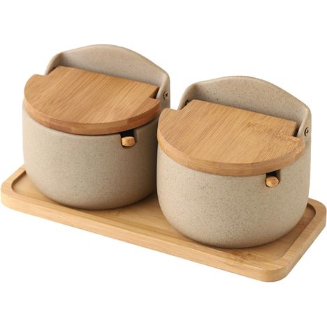 Pot à sel, pot à épices, récipient à sel, 2 pots à sel en céramique avec couvercle en forme de cuillère en bois, boîte à épices, pot de rangement pour épices de cuisine, 22,8 x 10,8 x 9,5 cm pour plan (1/5)