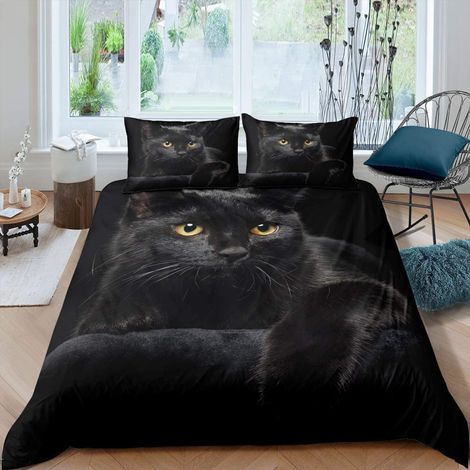 Parure de lit avec motif chat - 135 x 200 cm - Housse de couette pour enfants - Légère en microfibre - Motif chat mystérieux - Noir (1/5)