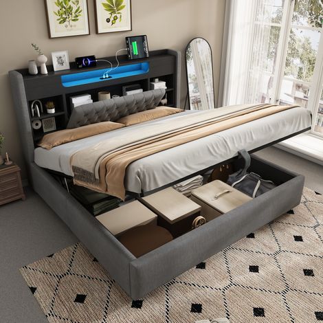 Letto contenitore imbottito con illuminazione a LED, 180x200 cm, letto per adulti con porta USB-C, testiera contenitore, lenzuola grigie (1/5)
