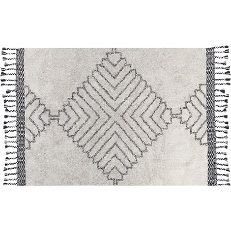 Alfombra de algodón blanco negro 140 x 200 cm hecho a mano geométrico borlas Eray
