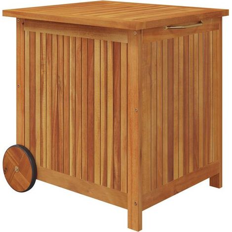Coffre de rangement de jardin à roulettes, dimensions 60x50x58 cm, en bois d'acacia. (1/5)