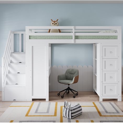 Lit mezzanine moderne 90x200 cm pour enfant, bois massif et MDF blanc, avec bureau, 6 tiroirs et étagères (1/5)