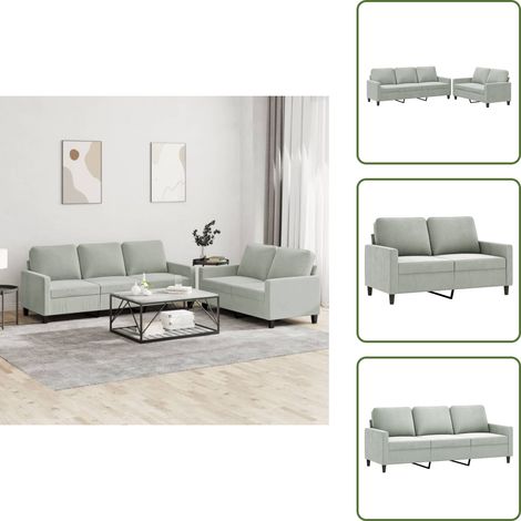 2-tlg. Sofagarnitur mit Kissen Hellgrau Samt - Samtsofa - Wohnlandschaft - Couchtisch - Grau Sofa - Gemütliches Sofa
