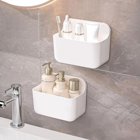 Lot de 2 Étagère Salle de Bain, Étagère Douche Sans Perçage en Plastique, Porte Shampoing Gel Douche, Paniers Rangement Mural pour Salle de Bain Cuisine, Blanc-Petit Panier (1/5)