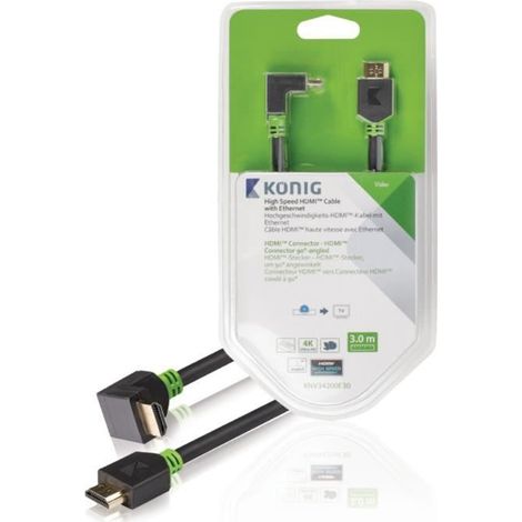 Câble HDMI - KONIG - KNV34200E30 - 3 m - Connecteur 90° - HDMI haute vitesse 4K avec Ethernet