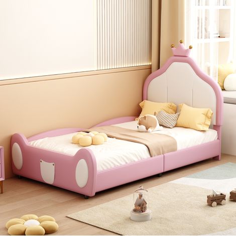 Bett Kinderbett 90x200 cm Prinzessinnenstil Weiß/Rosa, Kunstleder, Kronen-Kopfteil und Lattenrost (1/5)