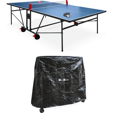 Indoor table tennis table with 2 bats, 3 balls and protective cover blue 274x152x76 cm