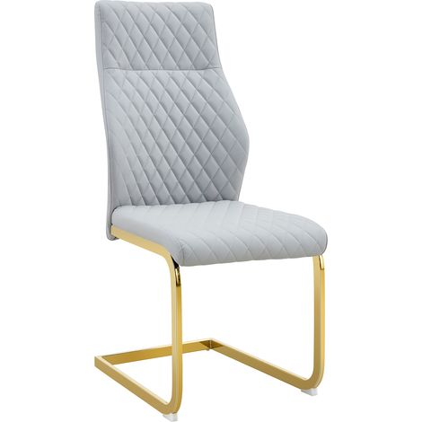 Ensemble table et chaises. Table ronde 60 cm en MDF aspect bois, pied de support doré, associée à 2 chaises de salle à manger gris clair au design matelassé à motif losange et structure en métal doré. (1/5)