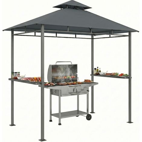 Pavillon de barbecue 2,4 x 1,4 m, abri de barbecue résistant au vent avec double toit, ouverture de ventilation, étagères latérales