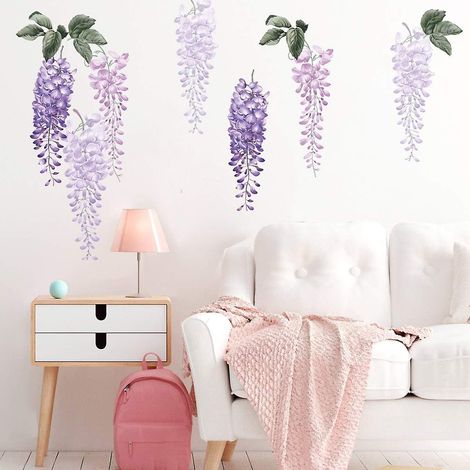 Sticker mural décoratif floral amovible en forme de vigne de glycine violette pour chambre de fille, salon ou bureau - Décoration murale florale (1/4)