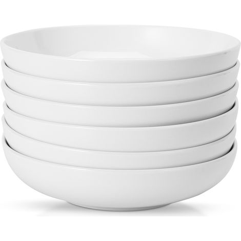 Lot de 6 bols à pâtes en porcelaine, 22 oz/8" larges et peu profonds – Bols salade/soupe/servir empilables – Compatibles micro-ondes & lave-vaisselle – Couleur : blanc