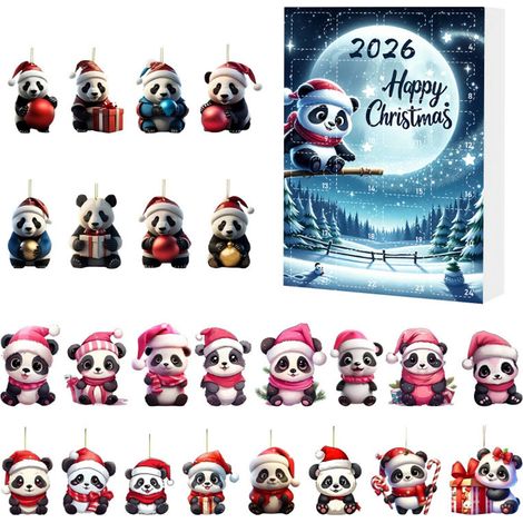 Calendrier de l'Avent Panda 2026, 24 décorations suspendues en acrylique 2D représentant d'adorables pandas de Noël, ornements festifs pour le sapin de Noël et la décoration intérieure. (1/5)