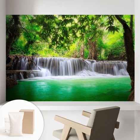 Papier peint intissé avec imprimé pour intérieur moderne application facile a motif - Colle incluse gratuite Cascade forestière 104x70 cm (1/5)