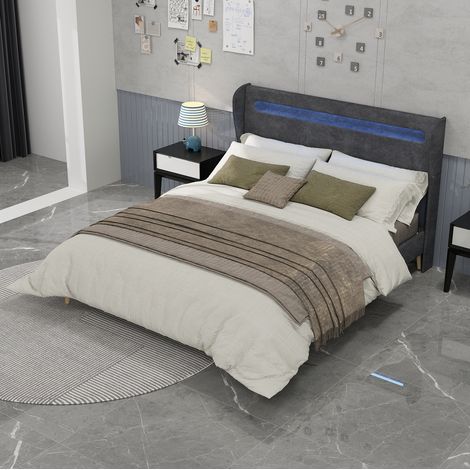 Letto adulto 160x200 cm con illuminazione LED e testiera imbottita, in velluto grigio, materasso non incluso (1/5)
