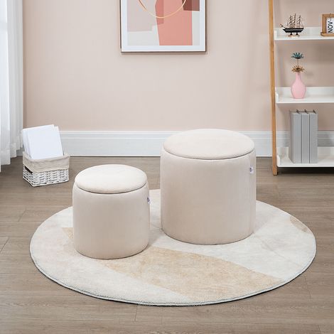 Lot de 2 poufs tabourets repose-pieds coffre de rangement en tissu aspect velours côtelé Ø40 cm et Ø30 cm, crème