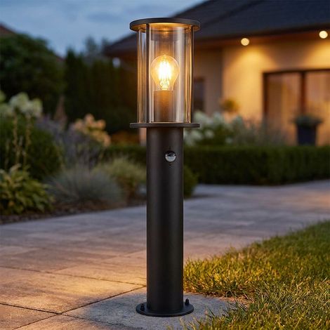 Lampada da terra, luce da vialetto, lampada da giardino, lampada da esterno, metallo, nero, vetro, fumo, rilevatore di movimento, acciaio inossidabile, 1x E27, H 60 cm (1/5)