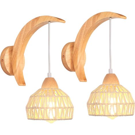 Lot de 2 Appliques Murales Bois et Rotin - Design Croissant Vintage - Luminaire E27 Réglable - Pour Salon Chambre Couloir Café - Blanc et Marron (1/5)