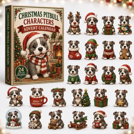 Pitbull-kerstaftelkalender 2026 met kerstmuts (verrassingsgeschenkdoos) — Aftellen van 24 dagen met acrylornamenten (kerstcadeau) (1/5)