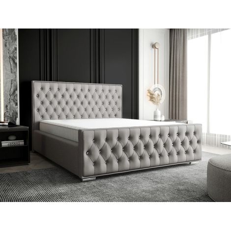 Lit Capitonné Crystal - Gris Clair - 180x200 Cm - Lit Double - Matelas À Ressorts Bonnell (1/5)