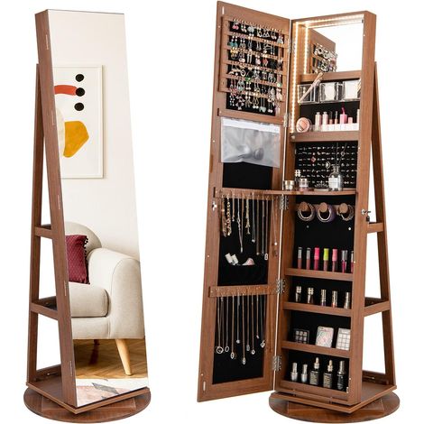 Goplus – Armoire à bijoux miroir pleine longueur rotative 360° – Lumière LED 3 couleurs – Verrouillable – 120 emplacements pour bijoux (1/5)