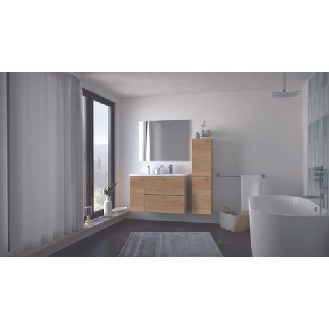 ONDEE - Mueble de baño alto 2 cajones 1 puerta TRENDY - 90cm - acabado madera - lavabo (1/5)