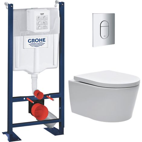 Grohe Pack WC Bâti autoportant Rapid SL + WC sans bride SAT + Abattant softclose + Plaque chrome (ProjectSATrimless-8) (1/5)