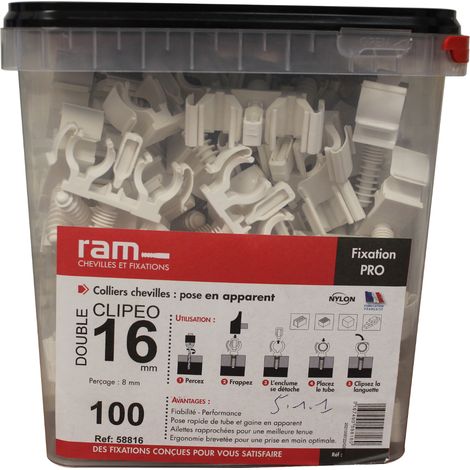 RAM – Collier-cheville CLIPEO double blanc – Fixation tube multicouche Ø16 – Tenue optimale parpaing, béton, brique – Système 3 en 1 (1/6)