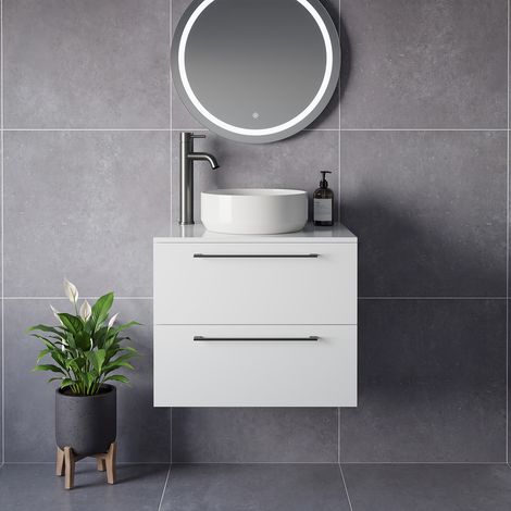 Napoli 460 Gloss White 600mm Wall Mounted 2 Drawer Vanity Unit for Countertop Basins - 600mm - Gunmetal Grey 320mm Handle