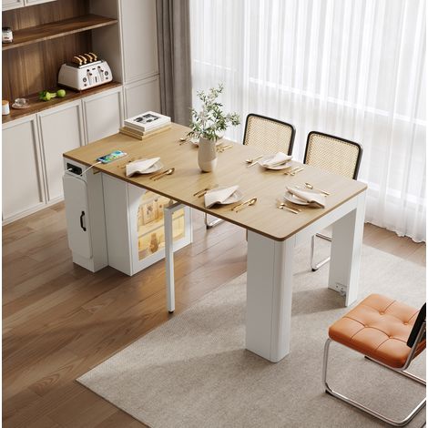 Îlot de cuisine 83x39.6x77 cm naturel et blanc en MDF et verre avec table extensible, roulettes, LED et prises (1/5)