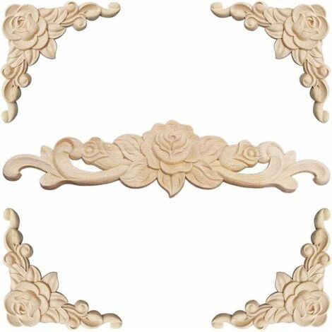 Moulure Decorative Bois 5 Pièces Sculpture Bois Moulure Décorative Bois Applique Moulure Rosace Decorative Floral Bois Sculpte Decal Sculpté d'angle Decoratif pour Décoration Meuble (1/5)