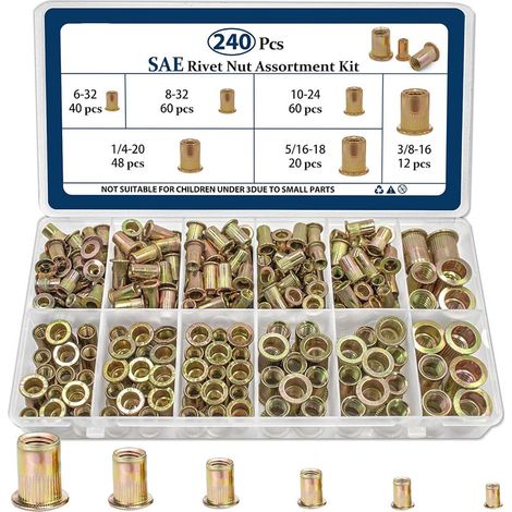 240 Stk. Nietmuttern aus kohlenstoffhaltigem Stahl, verzinkt, mit Flachkopf und vertikalem Profil, kompatibel mit metrischem und imperialem System, Verpackung in einer Schachtel – selbstbohrende Mutte (1/5)