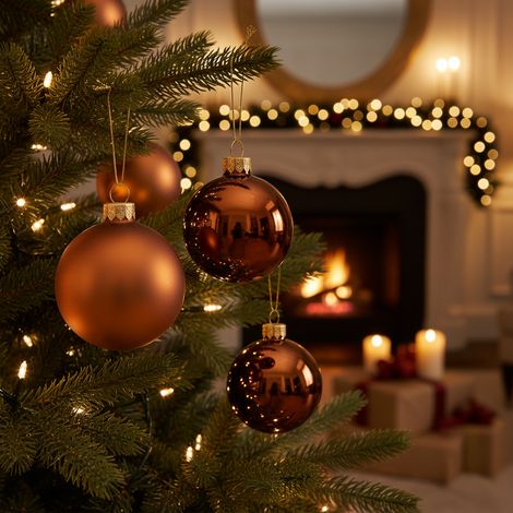 Palline per albero di Natale in plastica decorate color brandy -4 sfere da 10 cm (1/5)