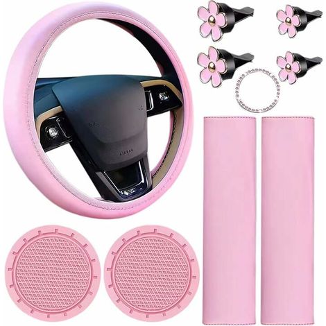 Lot de 10 Housses de Volant en Cuir Rose, Voiture Mignons avec Ceinture de Sécurité, Porte Gobelets (1/5)