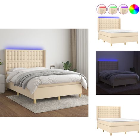 Boxspringbett mit Matratze & LED Creme 140x190 cm Stoff - Boxspringbett - Doppelbett - Schlafsofa - Cremefarbenes Bett - Bettenrahmen (1/5)