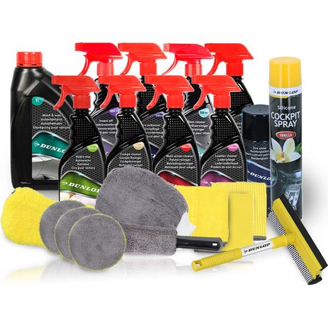 Pack Complet Nettoyant Intérieur/Extérieur pour voiture 21 pièces Dunlop Vanille - Shampoing, Nettoyant, Brosse, Microfibres